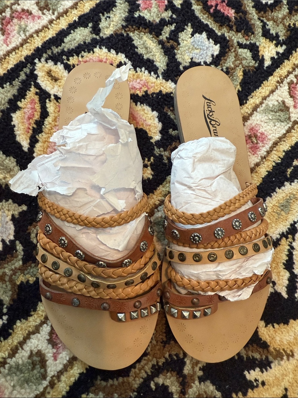 Lucky Brand Tan Braided & Studded Multi-Strap Slide Sandals 7.5